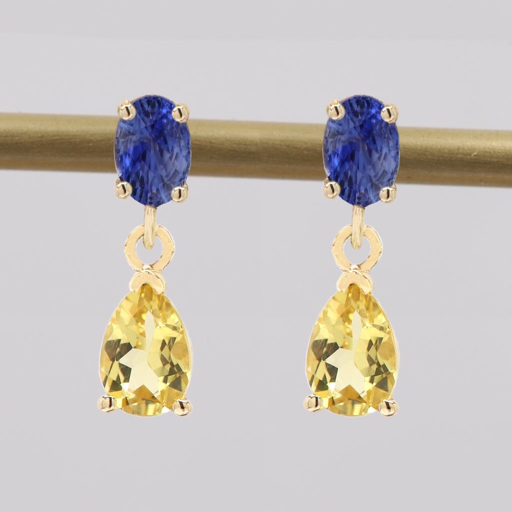 Cute Small Dangle Earrings 14k Yellow Gold Blue Sapphire and Yellow Citrine